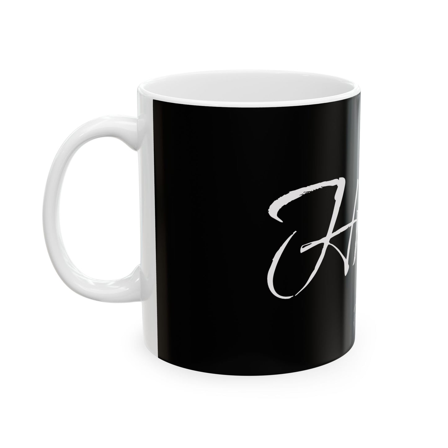 Stylish Black Ceramic Mug with Artistic Script Design - Perfect for Coffee Lovers